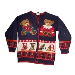 Design Options Teddy Bear Cardigan Sweater Navy Blue Rare Vintage 80s Size Small